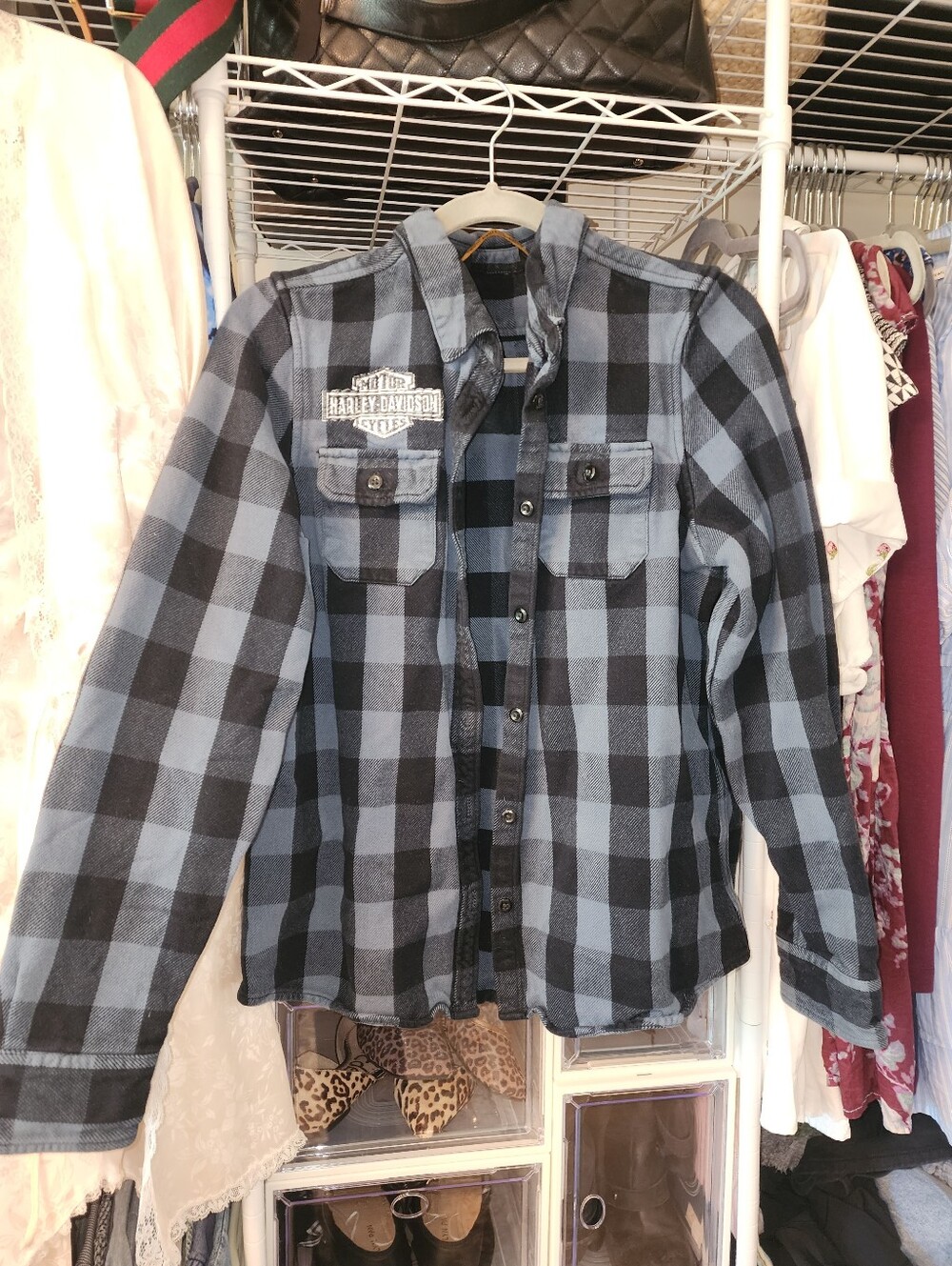 Harley-Davidson Blue & Black Plaid Button-Up Shirt Jacket Women's Large